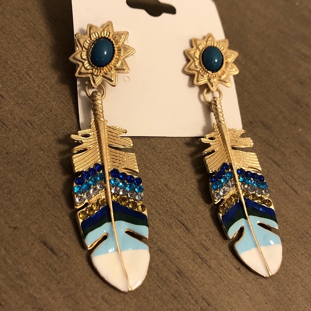 Jewelry - Gold and Blue Feather Shaped Bohemian Earrings